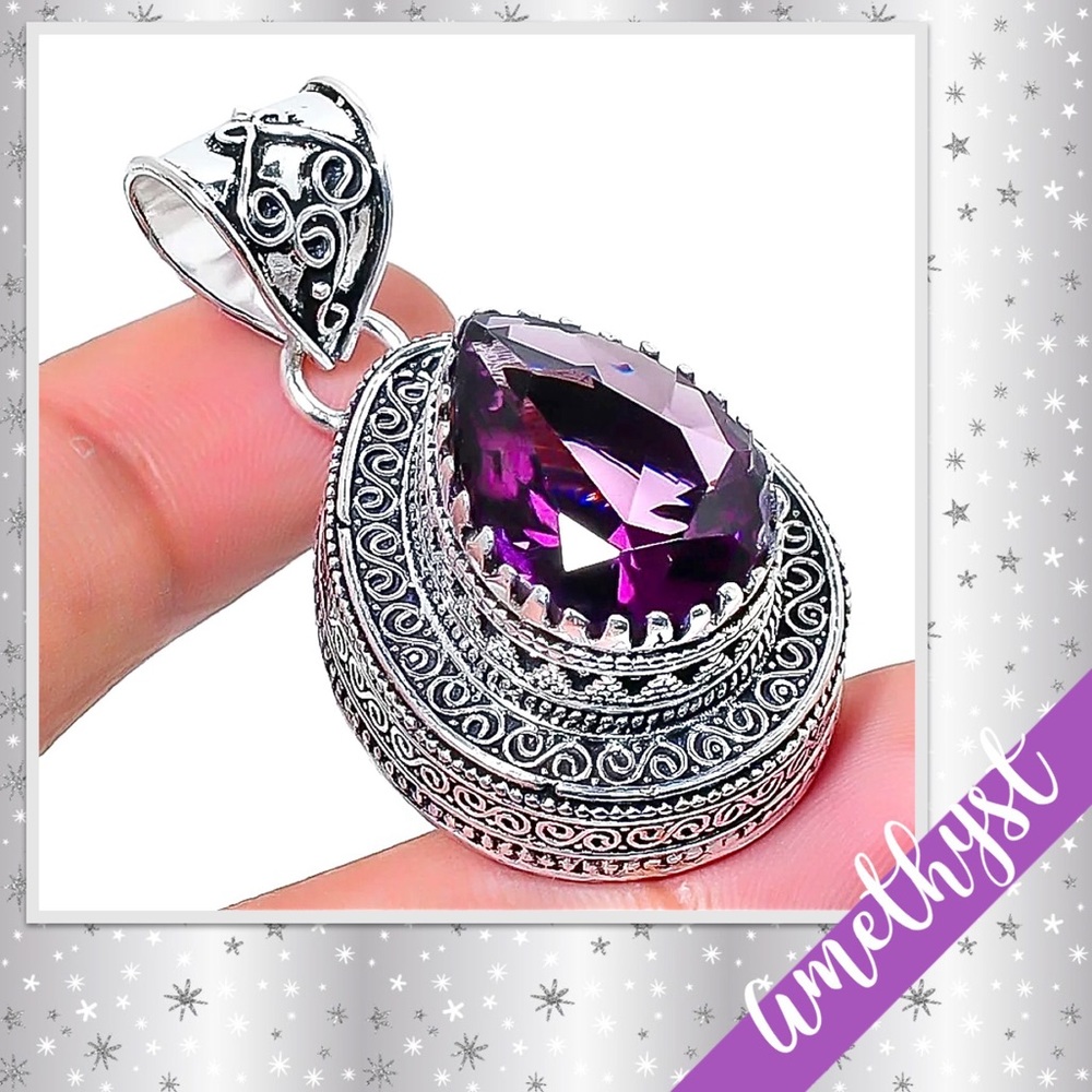 Amethyst Ethnic Antique-Style Silver Bollywood Pendant, 1.77” (Plum / Purple)